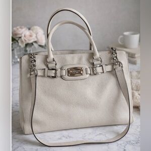 Michael Kors Hamilton Cream Pebbled Leather Tote Silver Hardware Purse
